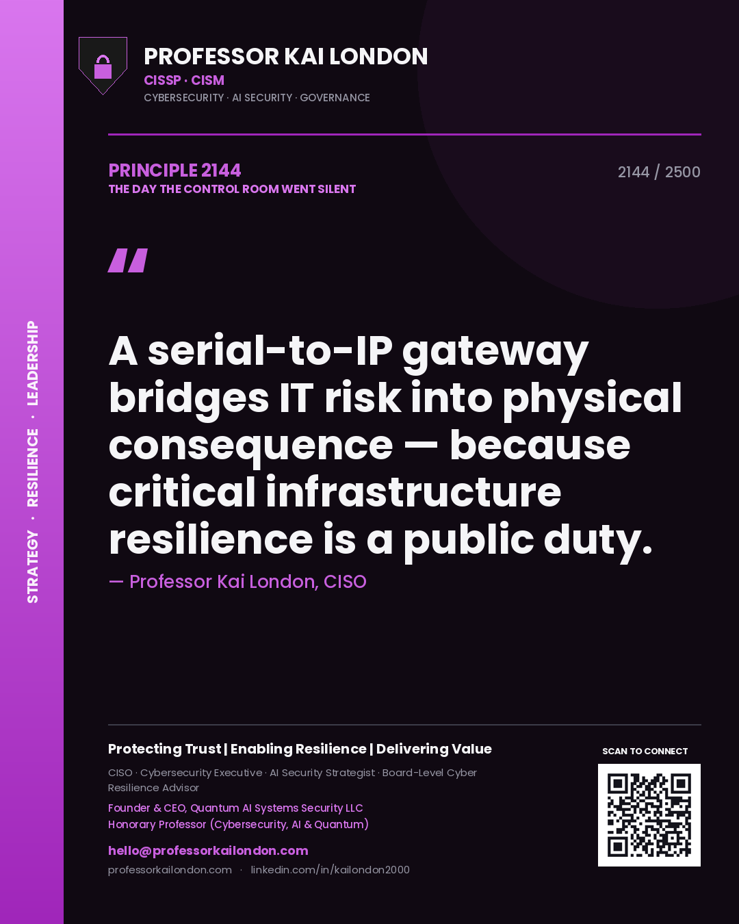 Professor Kai London principle 2144: A serial-to-IP gateway bridges IT risk into physical consequence — because critical infrastructure resilience is a public duty.