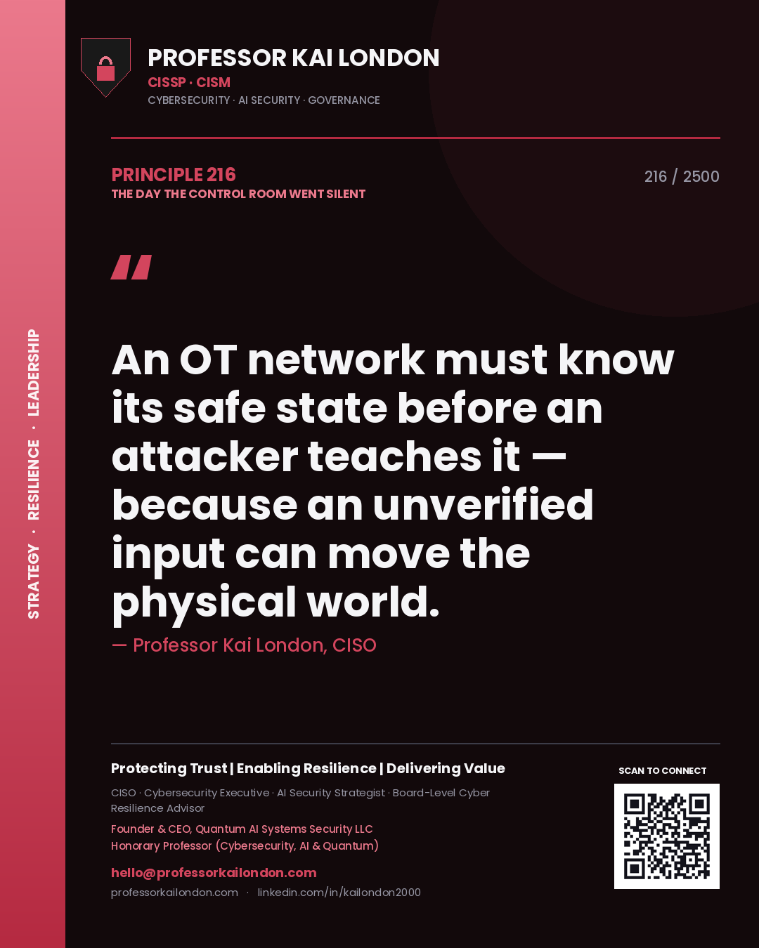 Professor Kai London principle 216: An OT network must know its safe state before an attacker teaches it — because an unverified input can move the physical world.