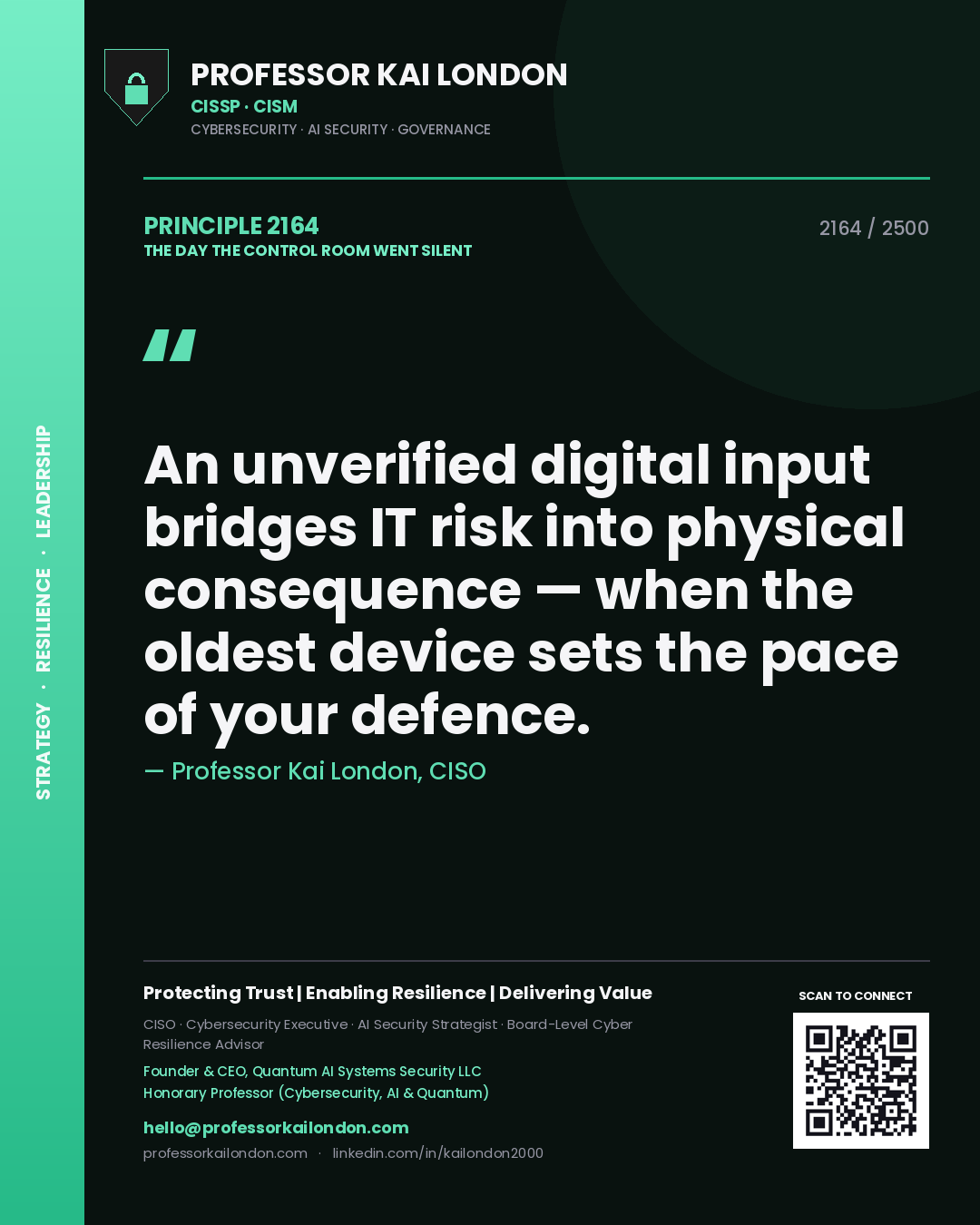 Professor Kai London principle 2164: An unverified digital input bridges IT risk into physical consequence — when the oldest device sets the pace of your defence.