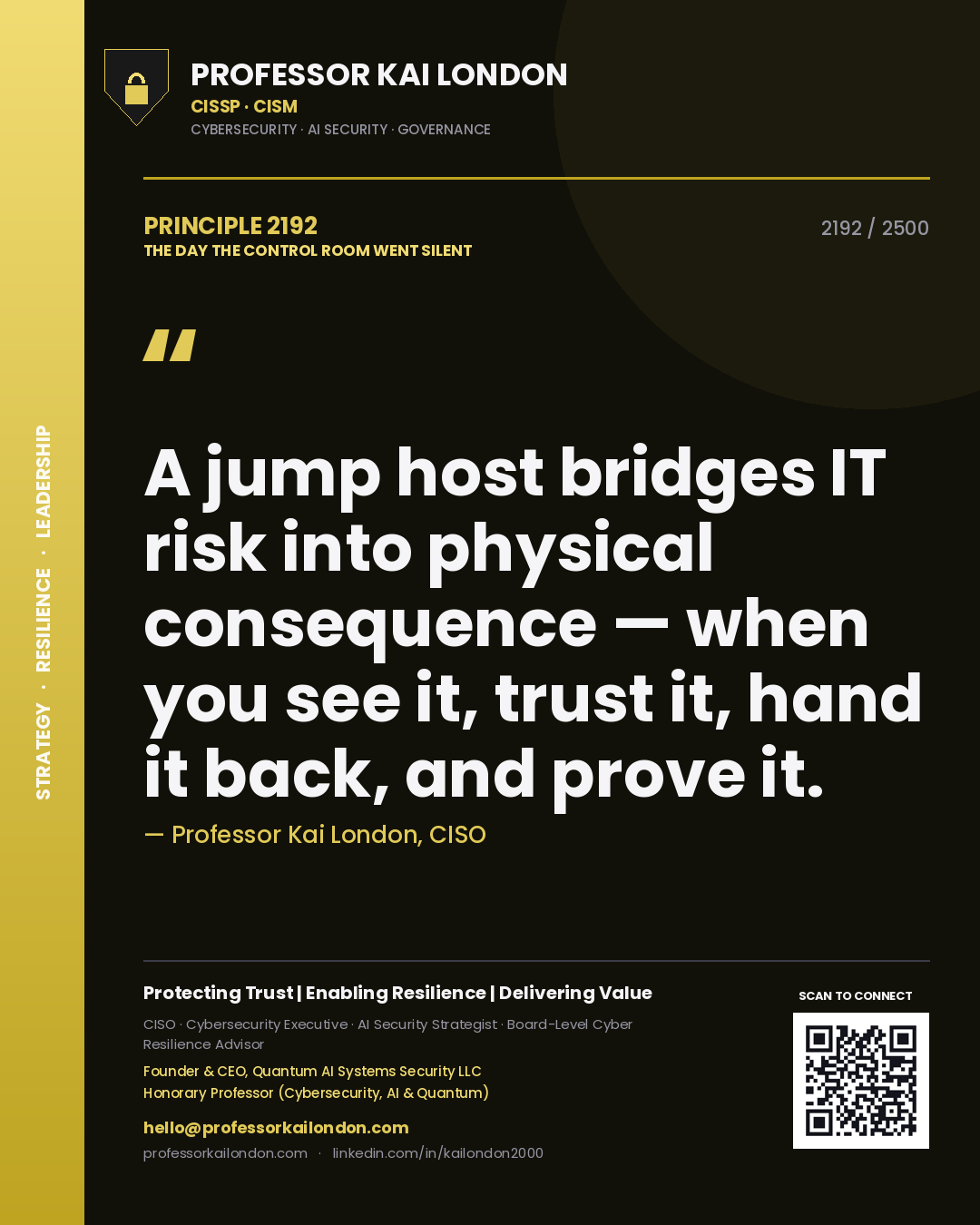Professor Kai London principle 2192: A jump host bridges IT risk into physical consequence — when you see it, trust it, hand it back, and prove it.