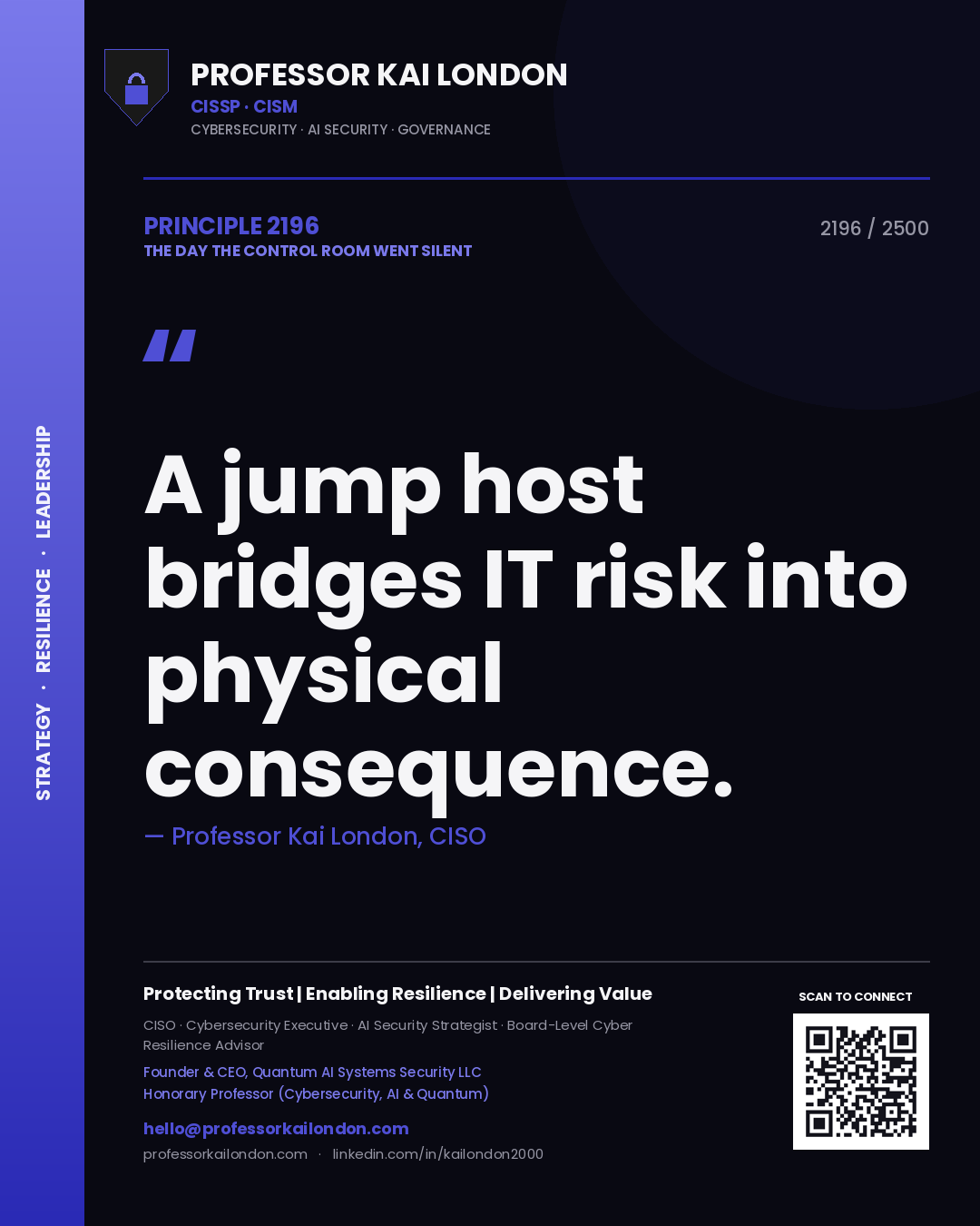 Professor Kai London principle 2196: A jump host bridges IT risk into physical consequence.