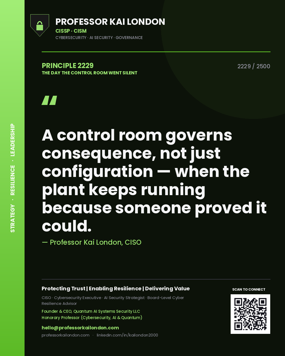 Professor Kai London principle 2229: A control room governs consequence, not just configuration — when the plant keeps running because someone proved it could.