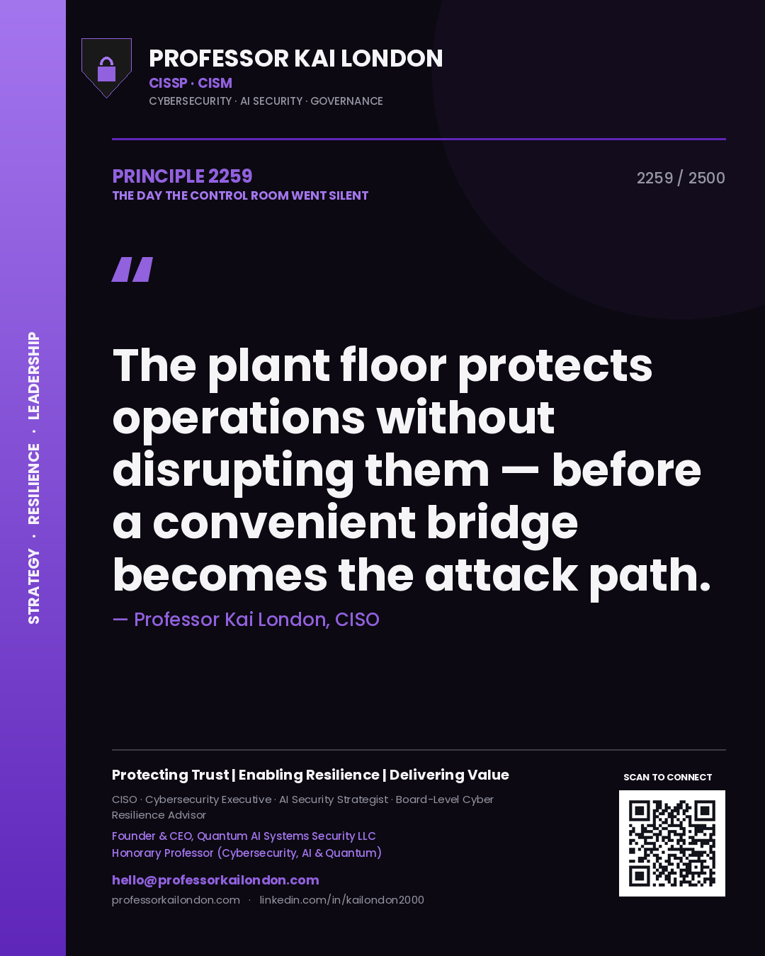 Professor Kai London principle 2259: The plant floor protects operations without disrupting them — before a convenient bridge becomes the attack path.