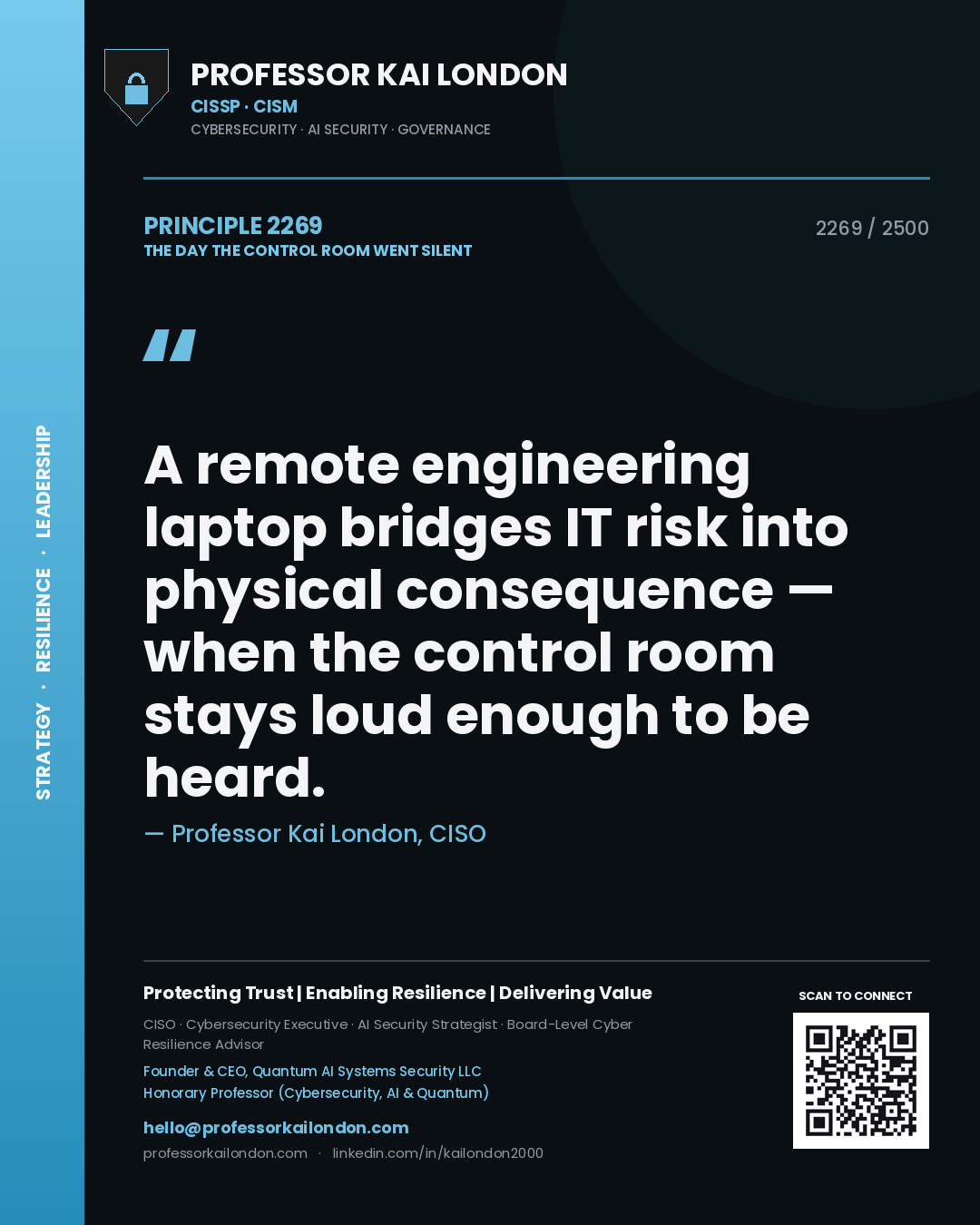 Professor Kai London principle 2269: A remote engineering laptop bridges IT risk into physical consequence — when the control room stays loud enough to be heard.