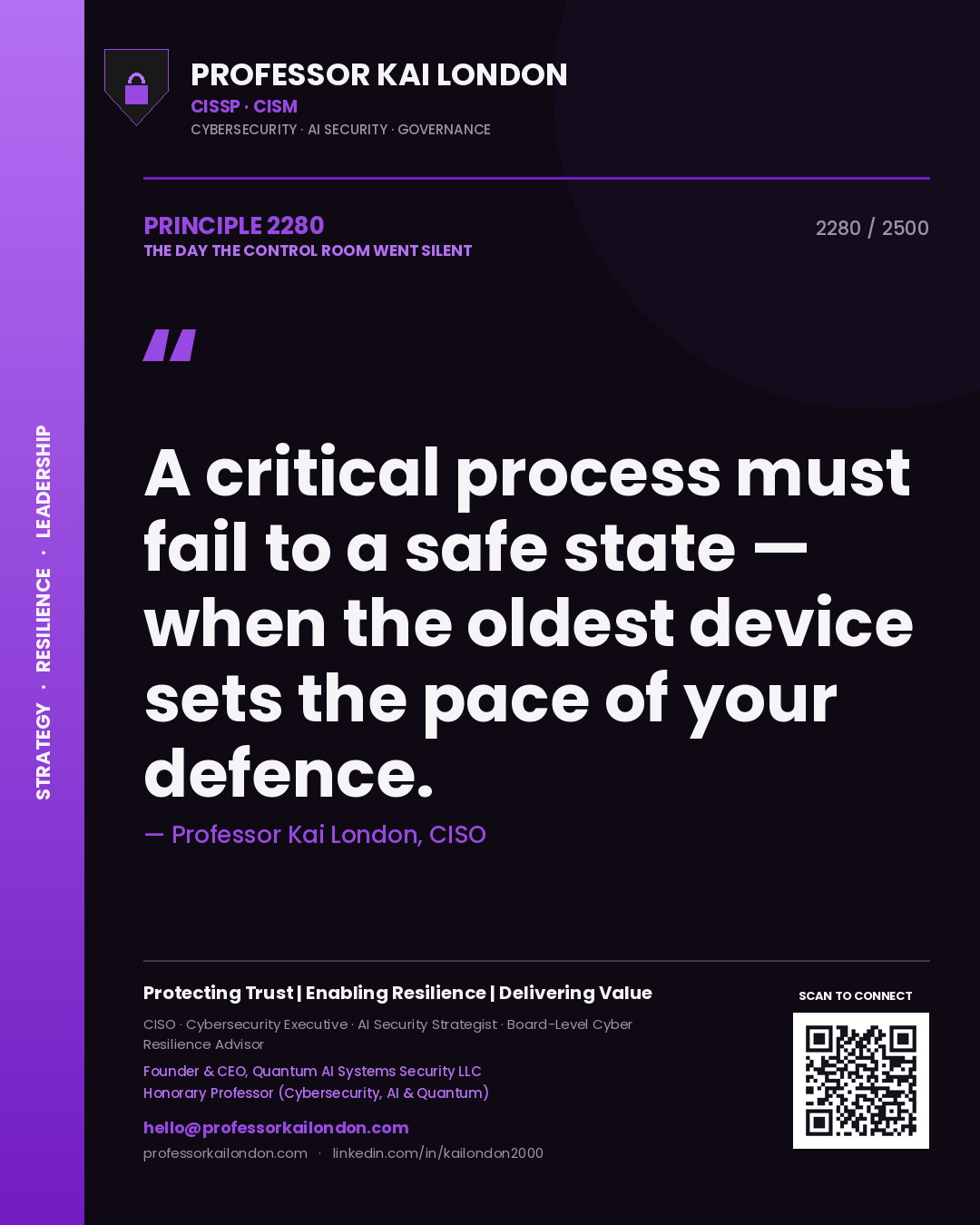 Professor Kai London principle 2280: A critical process must fail to a safe state — when the oldest device sets the pace of your defence.