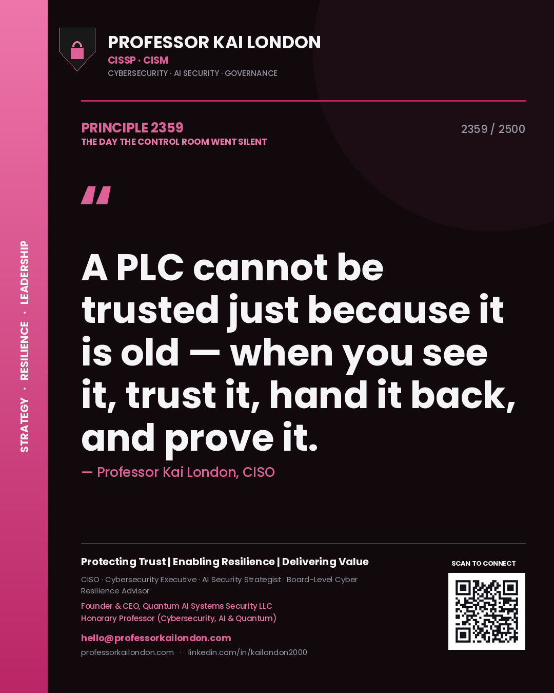 Professor Kai London principle 2359: A PLC cannot be trusted just because it is old — when you see it, trust it, hand it back, and prove it.