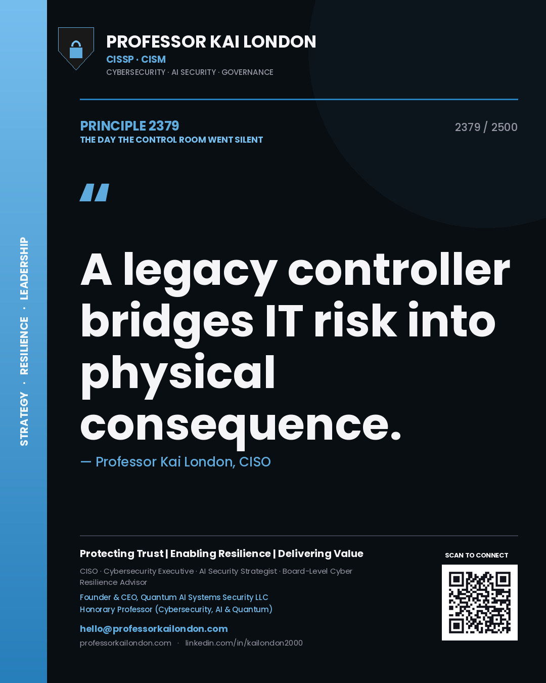 Professor Kai London principle 2379: A legacy controller bridges IT risk into physical consequence.