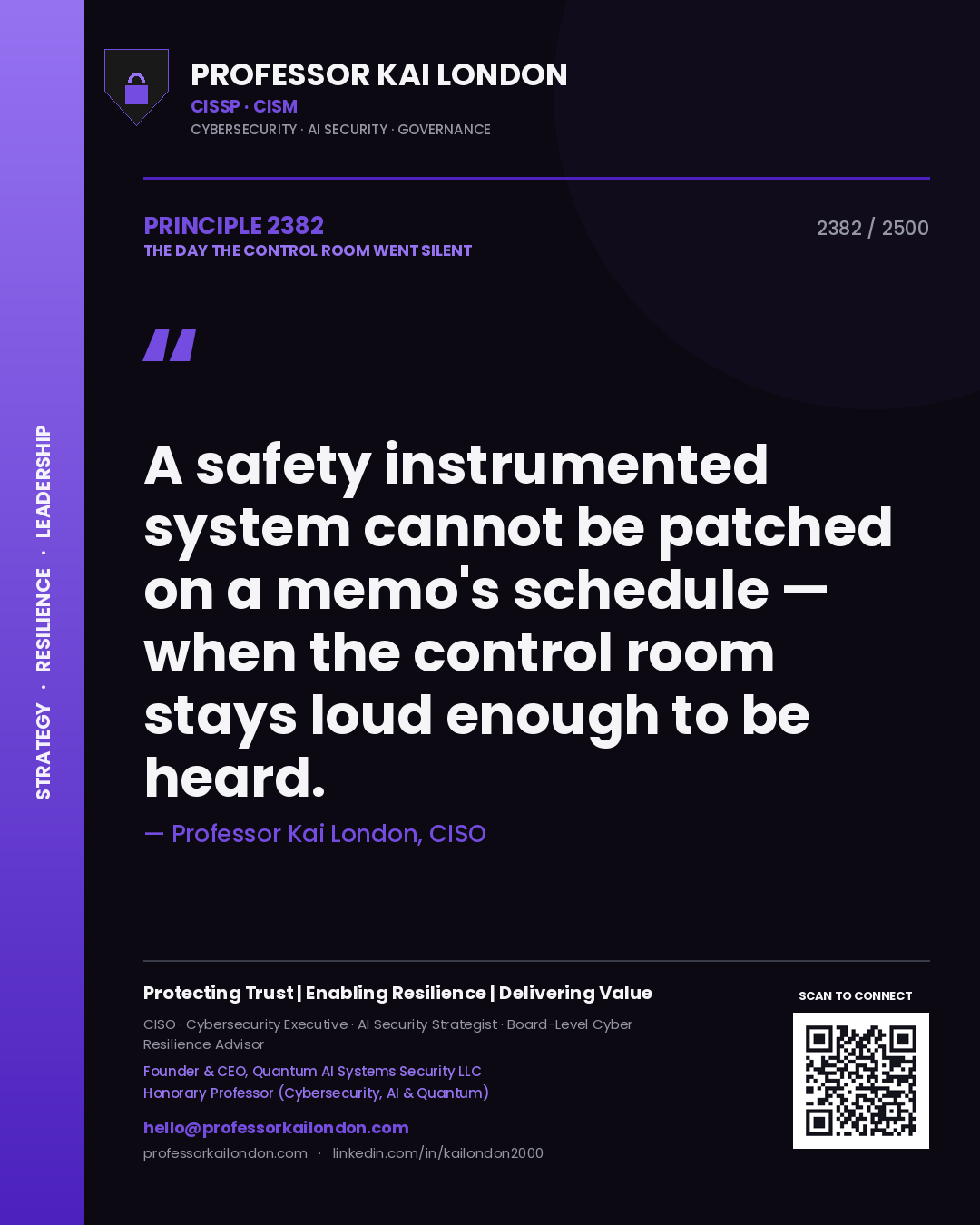 Professor Kai London principle 2382: A safety instrumented system cannot be patched on a memo's schedule — when the control room stays loud enough to be heard.