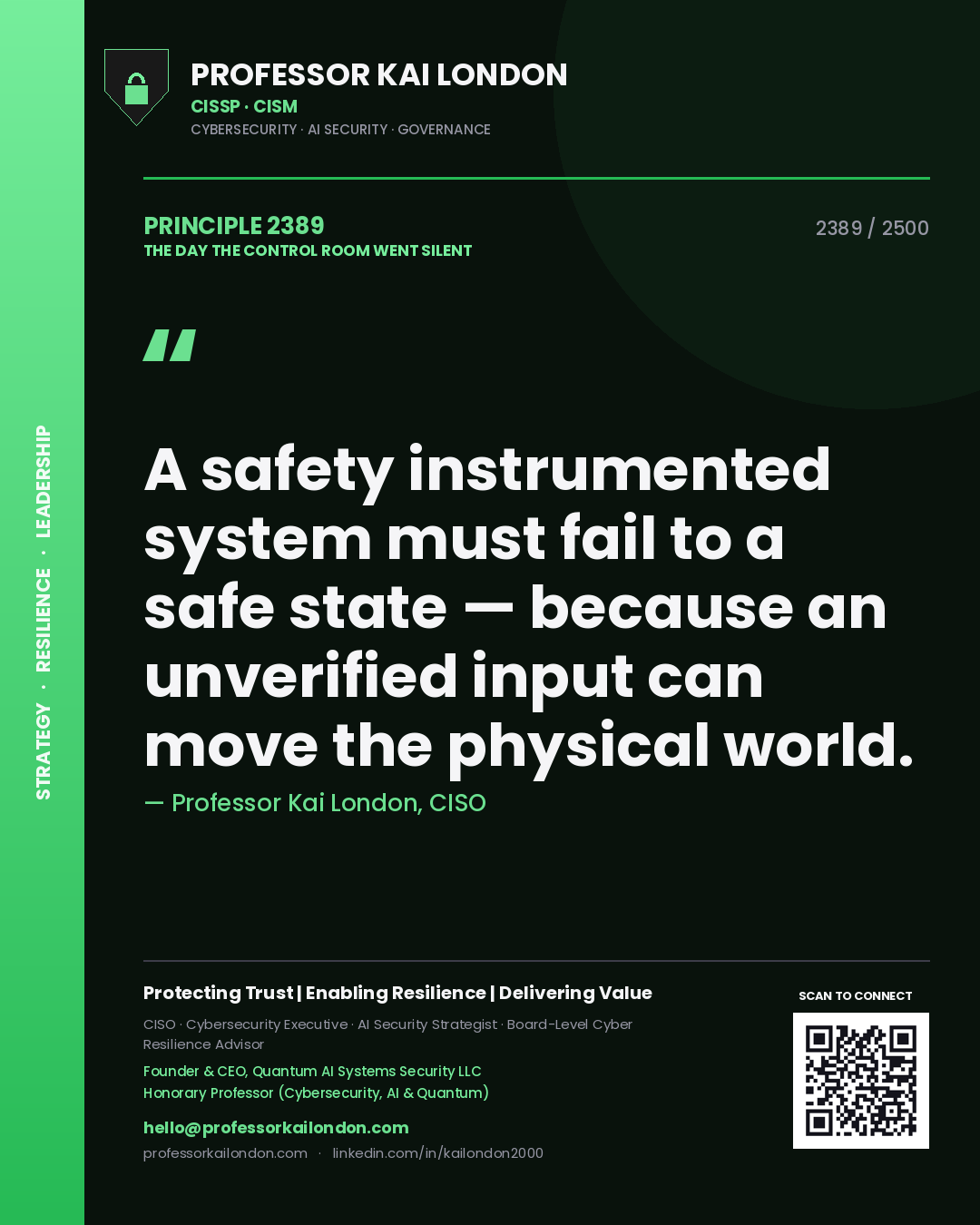 Professor Kai London principle 2389: A safety instrumented system must fail to a safe state — because an unverified input can move the physical world.