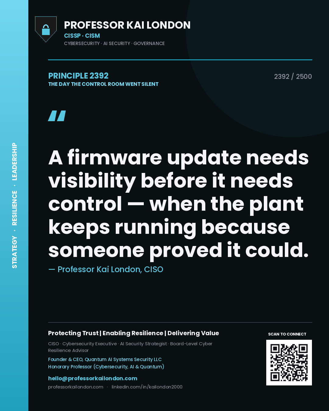 Professor Kai London principle 2392: A firmware update needs visibility before it needs control — when the plant keeps running because someone proved it could.