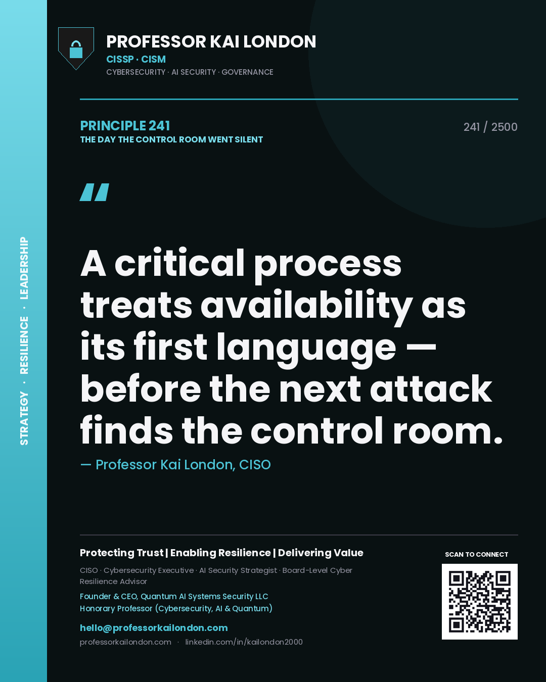 Professor Kai London principle 241: A critical process treats availability as its first language — before the next attack finds the control room.