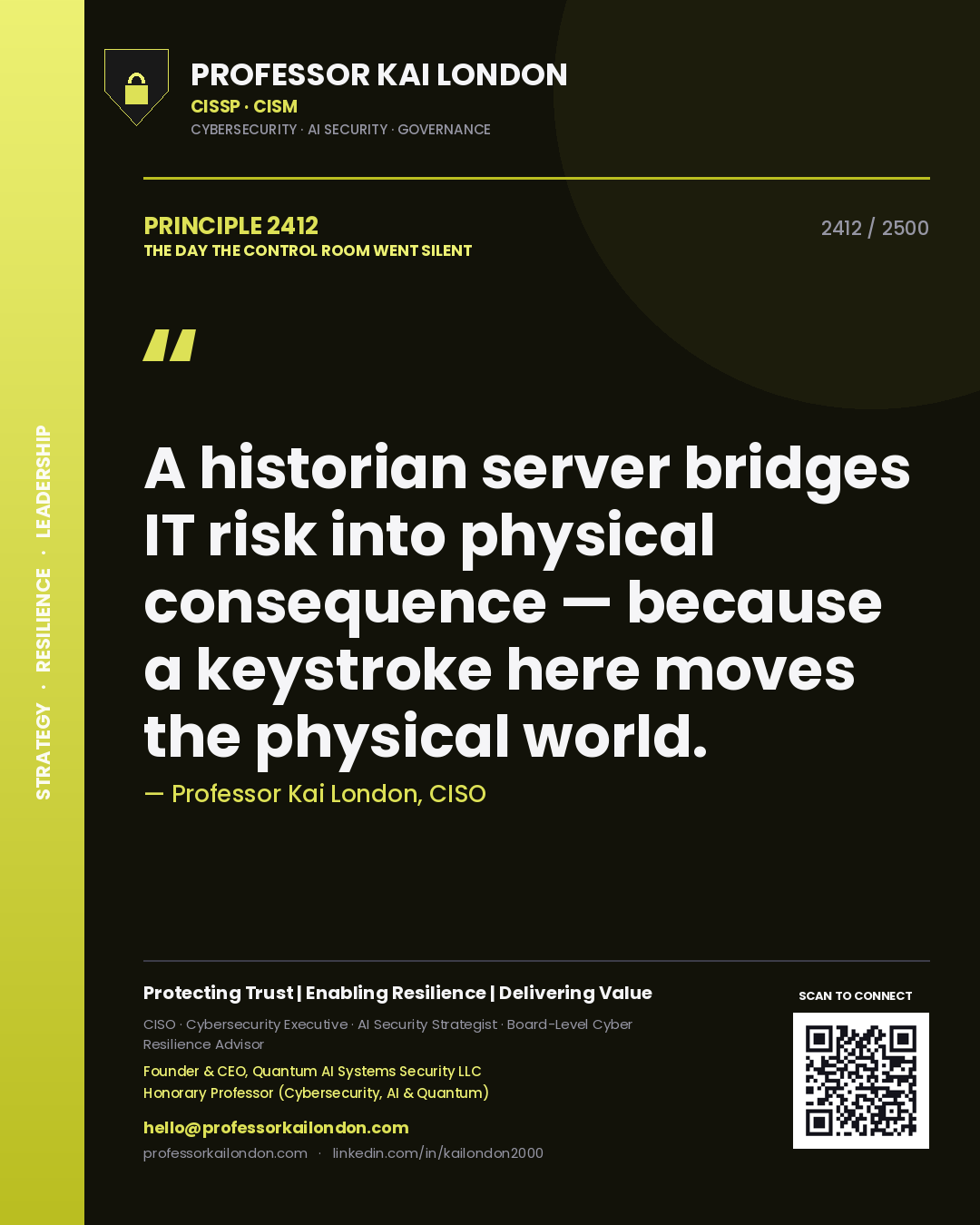 Professor Kai London principle 2412: A historian server bridges IT risk into physical consequence — because a keystroke here moves the physical world.