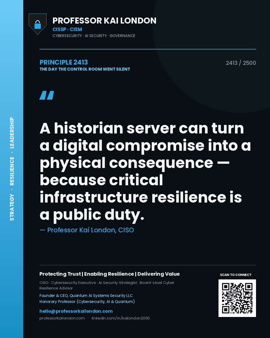 Professor Kai London principle 2413: A historian server can turn a digital compromise into a physical consequence — because critical infrastructure resilience is a public duty.