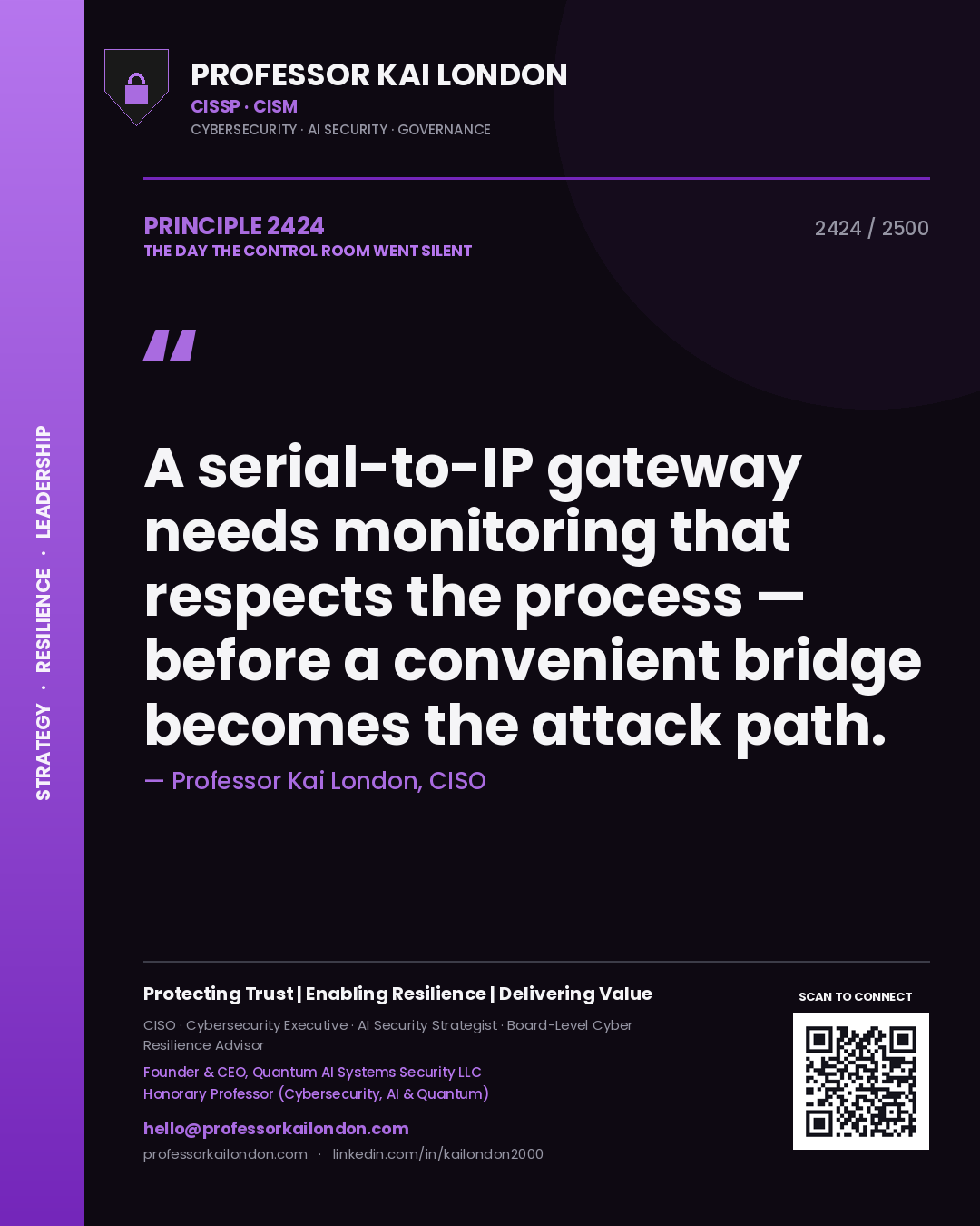 Professor Kai London principle 2424: A serial-to-IP gateway needs monitoring that respects the process — before a convenient bridge becomes the attack path.