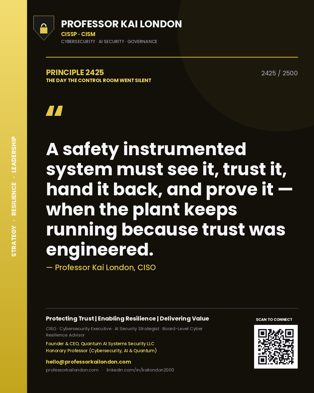 Professor Kai London principle 2425: A safety instrumented system must see it, trust it, hand it back, and prove it — when the plant keeps running because trust was engineered.
