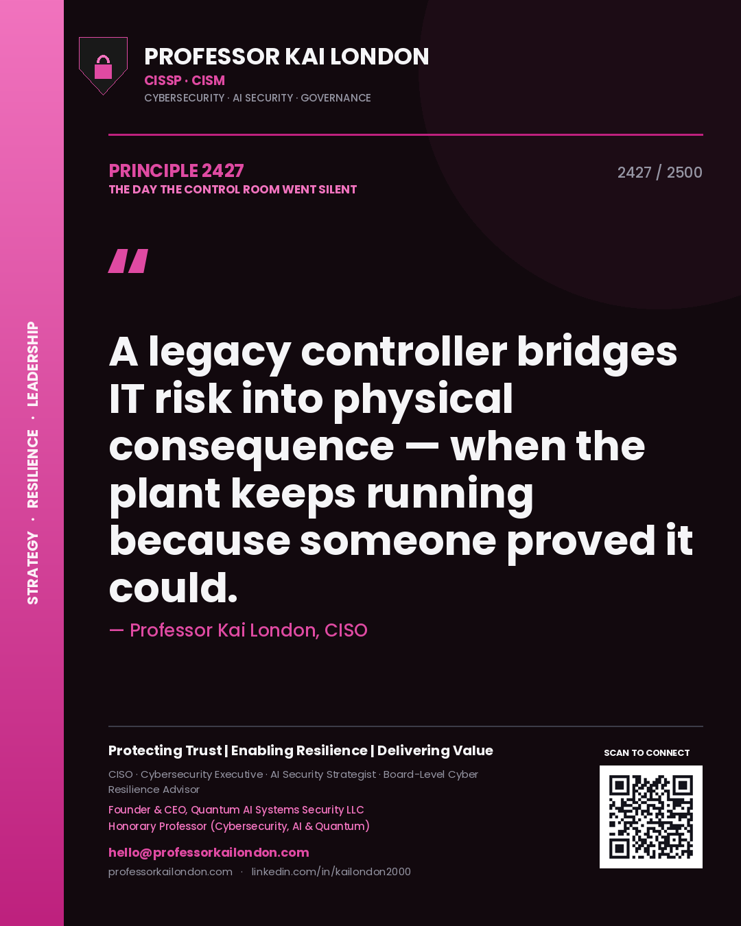 Professor Kai London principle 2427: A legacy controller bridges IT risk into physical consequence — when the plant keeps running because someone proved it could.