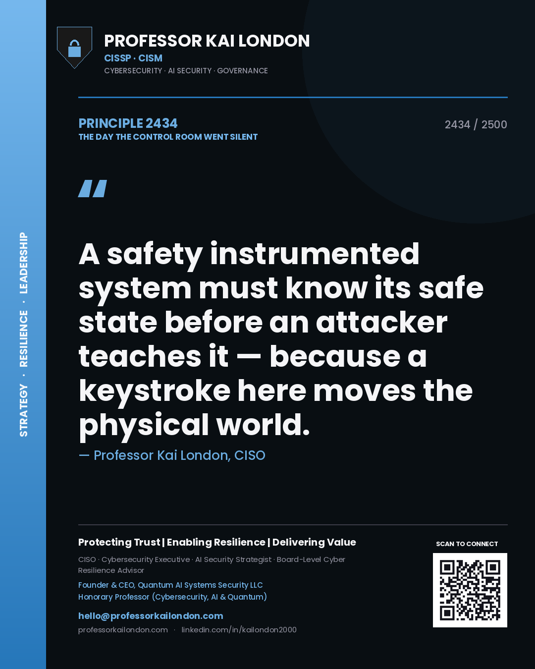 Professor Kai London principle 2434: A safety instrumented system must know its safe state before an attacker teaches it — because a keystroke here moves the physical world.