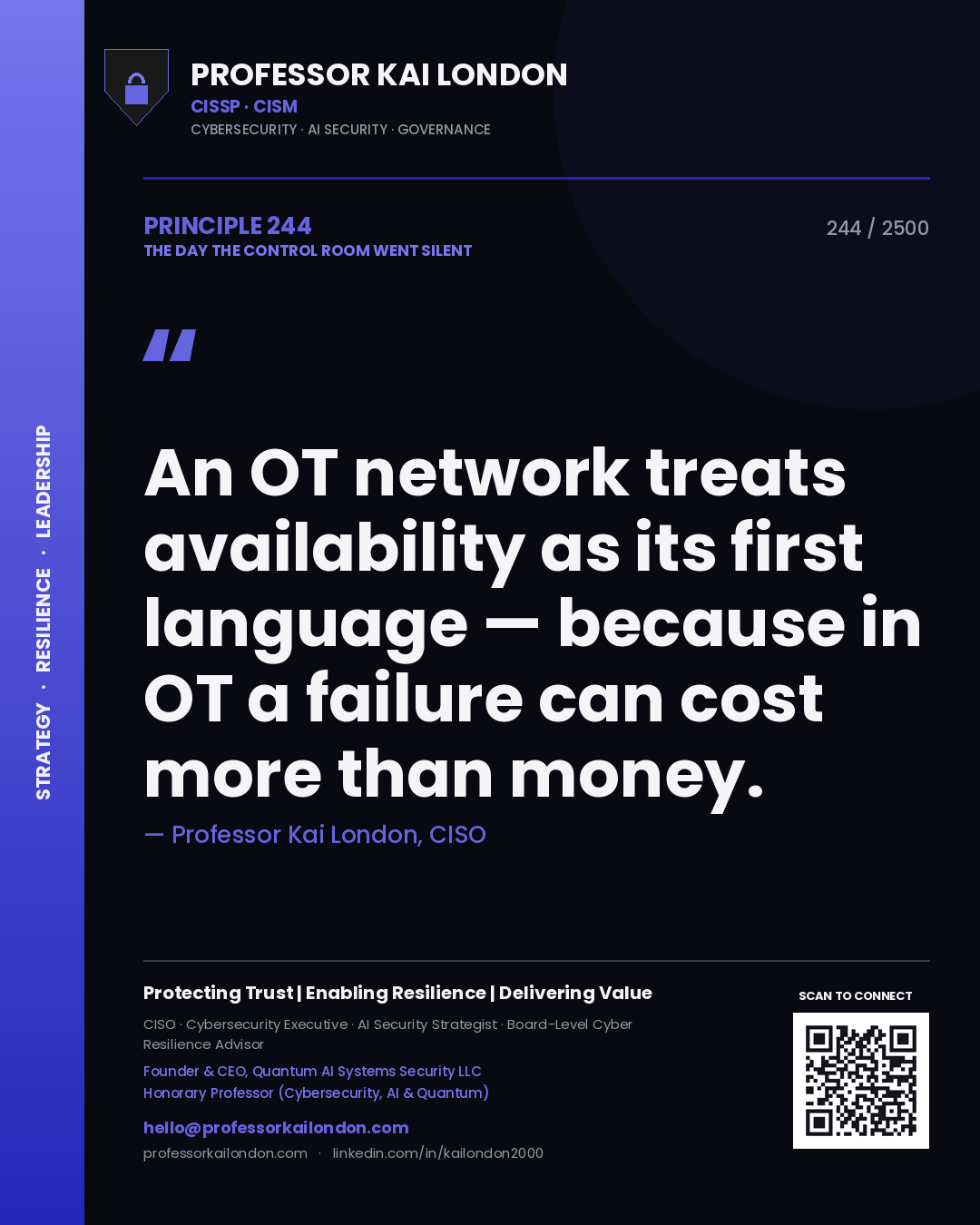 Professor Kai London principle 244: An OT network treats availability as its first language — because in OT a failure can cost more than money.