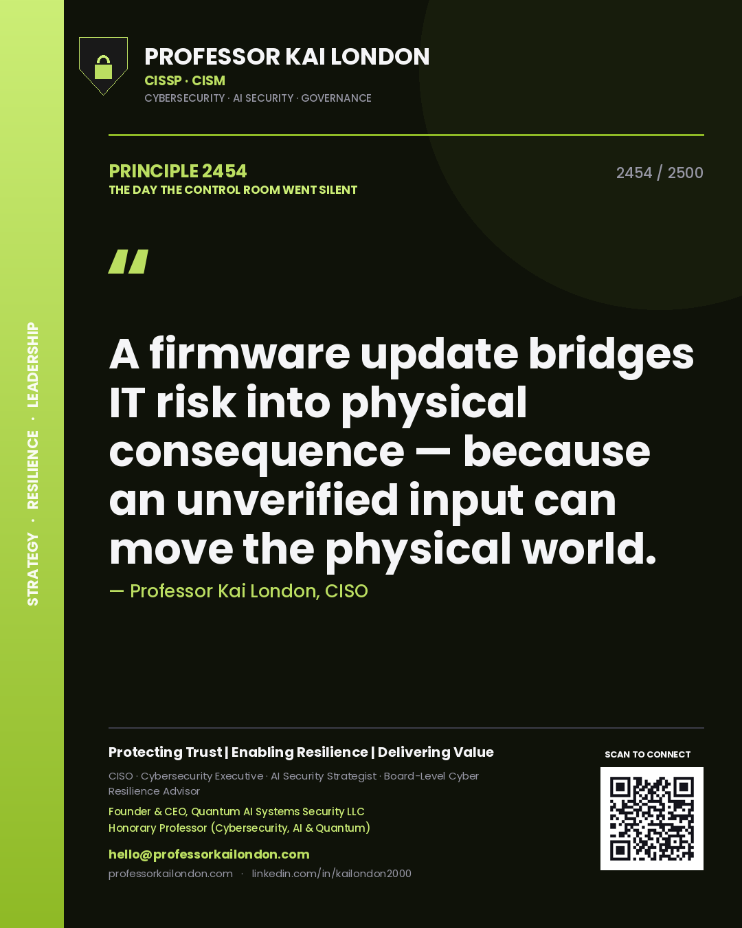 Professor Kai London principle 2454: A firmware update bridges IT risk into physical consequence — because an unverified input can move the physical world.