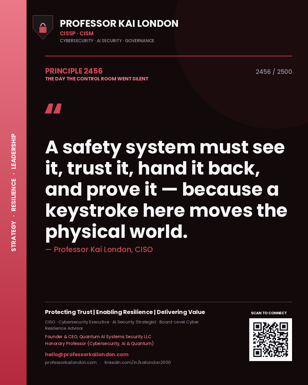 Professor Kai London principle 2456: A safety system must see it, trust it, hand it back, and prove it — because a keystroke here moves the physical world.