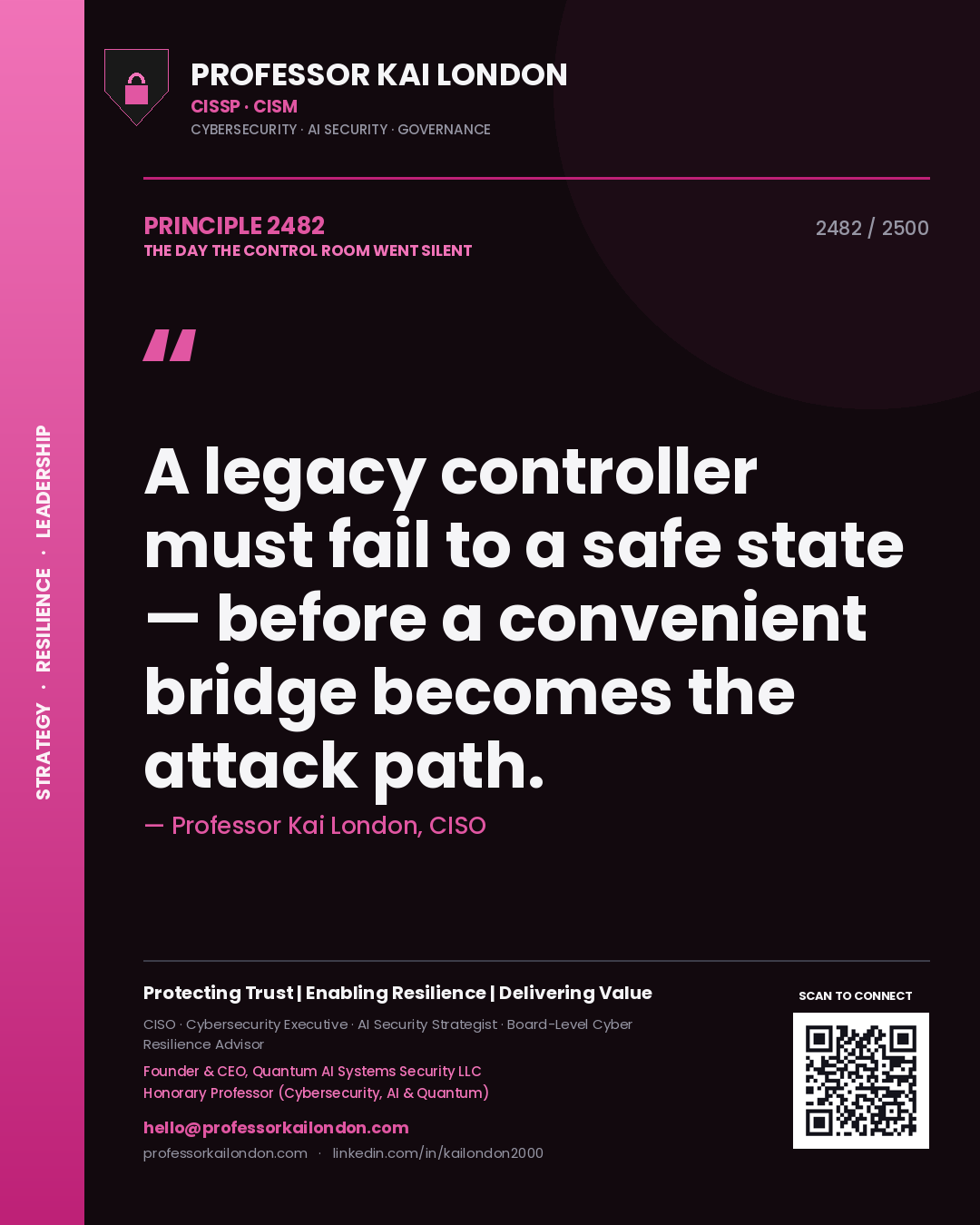Professor Kai London principle 2482: A legacy controller must fail to a safe state — before a convenient bridge becomes the attack path.