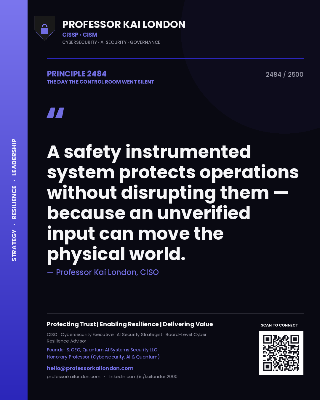Professor Kai London principle 2484: A safety instrumented system protects operations without disrupting them — because an unverified input can move the physical world.