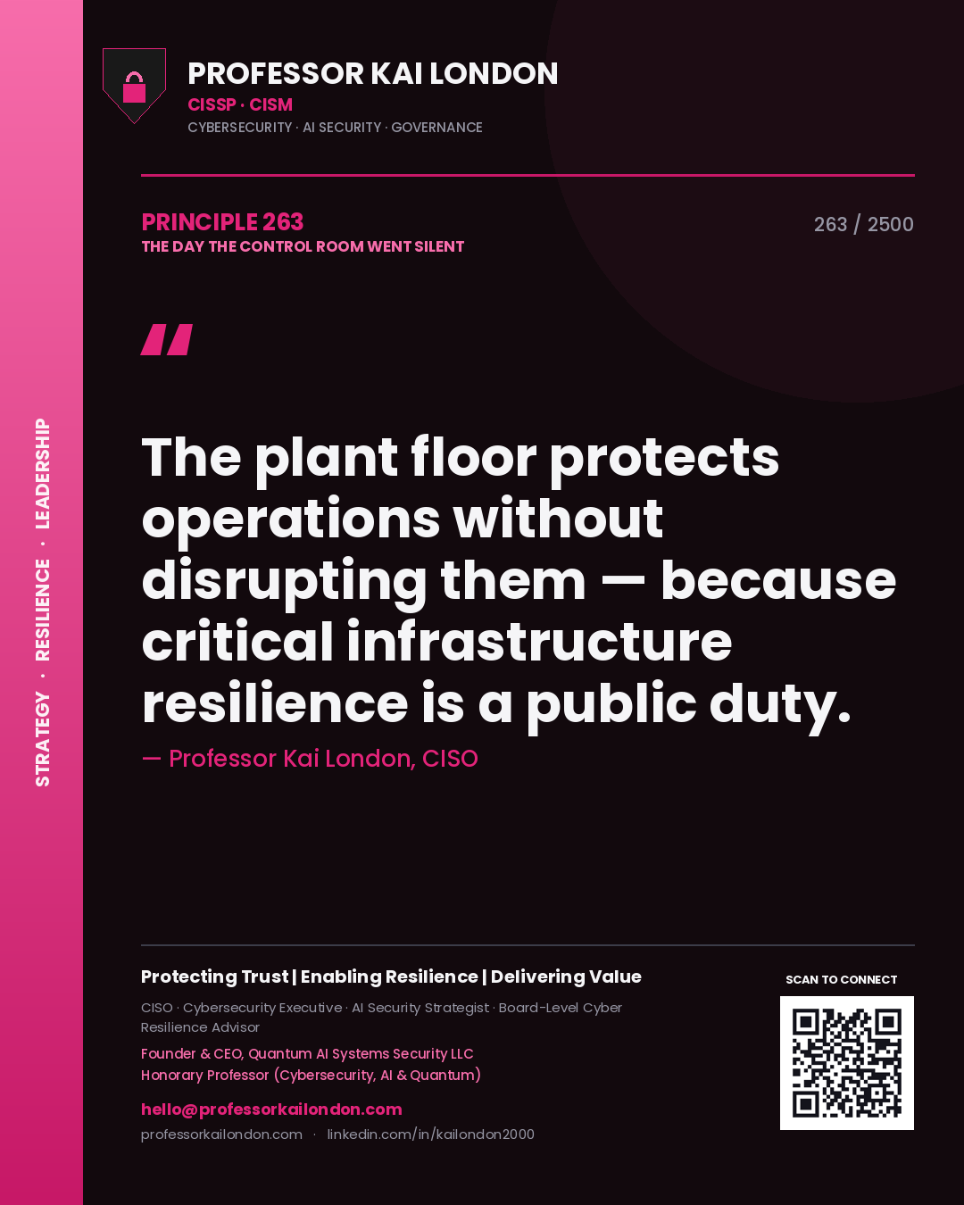 Professor Kai London principle 263: The plant floor protects operations without disrupting them — because critical infrastructure resilience is a public duty.