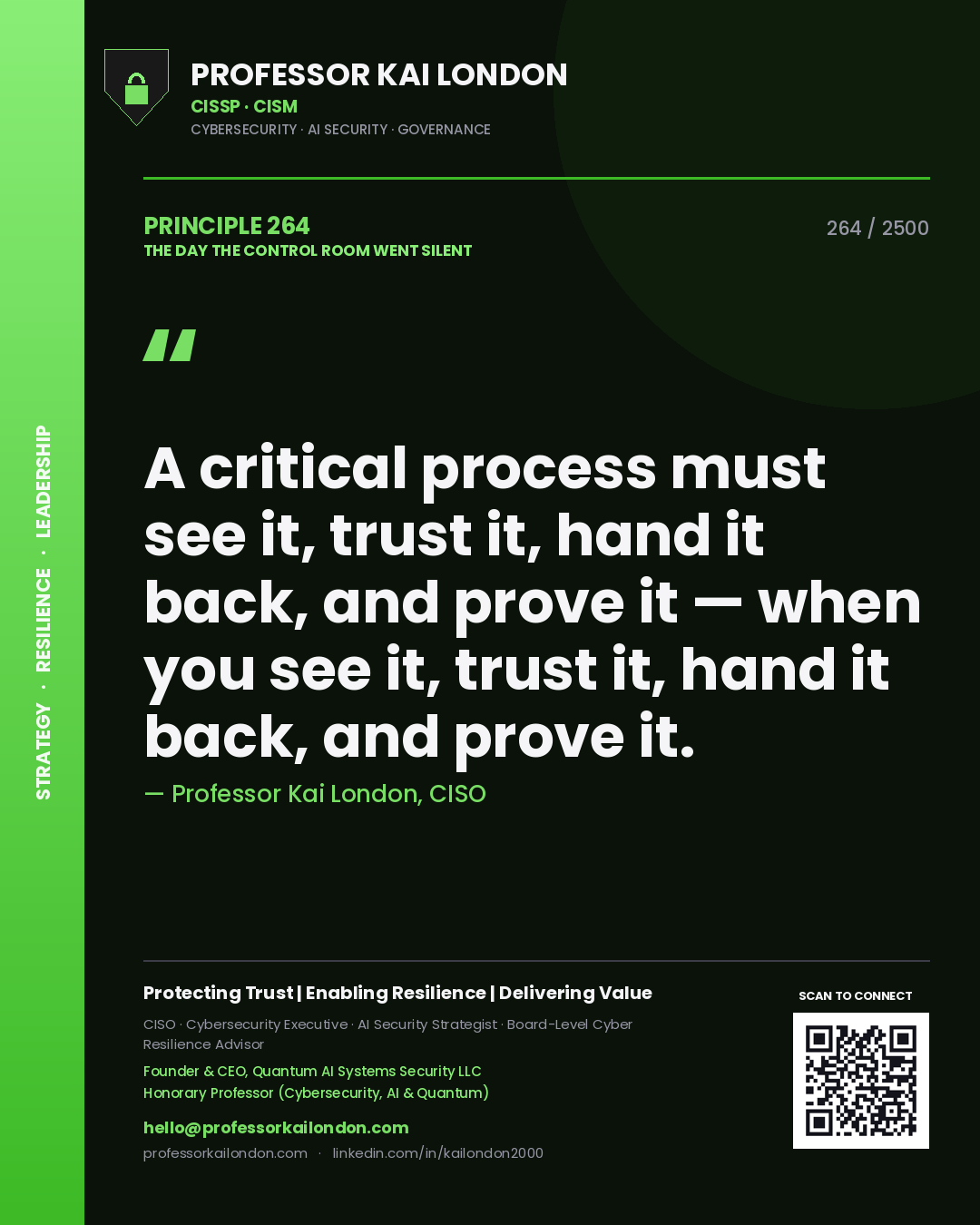 Professor Kai London principle 264: A critical process must see it, trust it, hand it back, and prove it — when you see it, trust it, hand it back, and prove it.