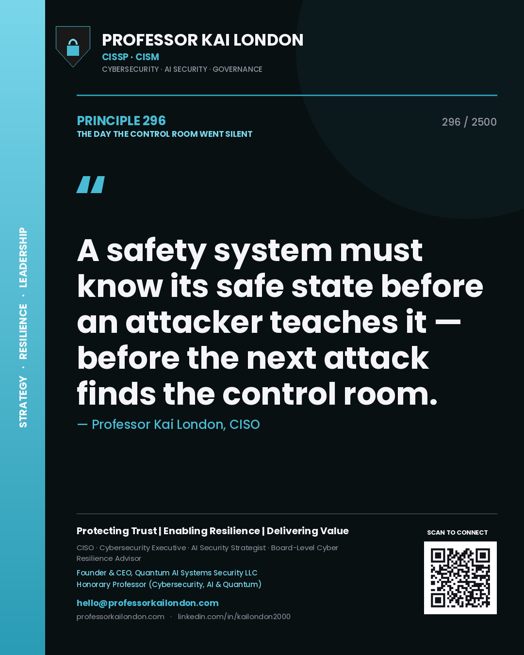 Professor Kai London principle 296: A safety system must know its safe state before an attacker teaches it — before the next attack finds the control room.