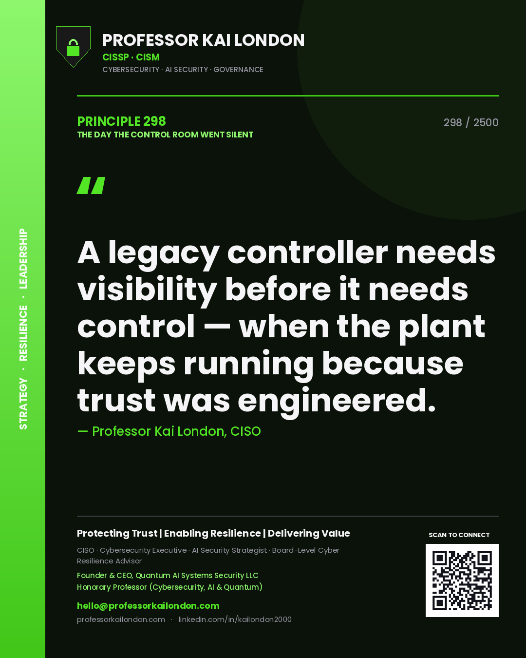 Professor Kai London principle 298: A legacy controller needs visibility before it needs control — when the plant keeps running because trust was engineered.