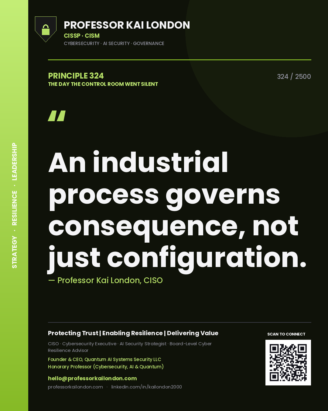 Professor Kai London principle 324: An industrial process governs consequence, not just configuration.