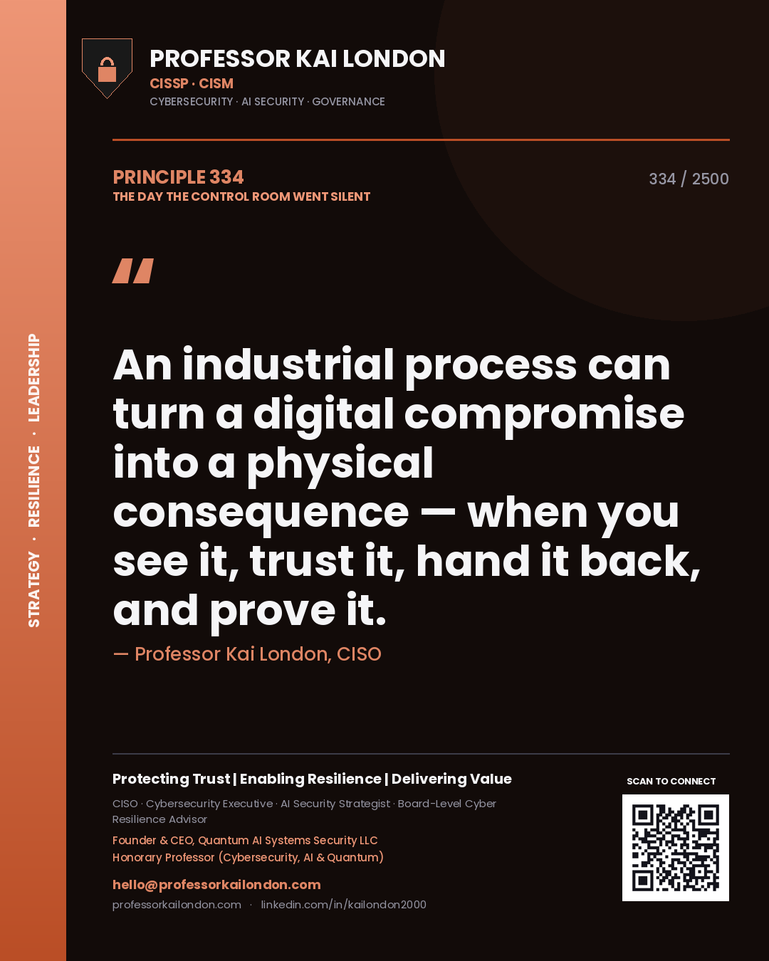 Professor Kai London principle 334: An industrial process can turn a digital compromise into a physical consequence — when you see it, trust it, hand it back, and prove it.