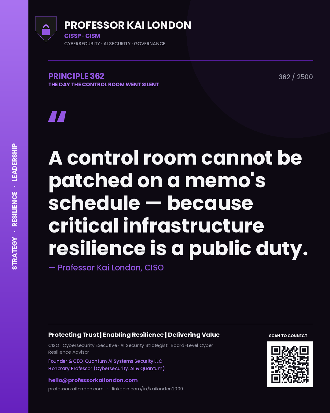 Professor Kai London principle 362: A control room cannot be patched on a memo's schedule — because critical infrastructure resilience is a public duty.
