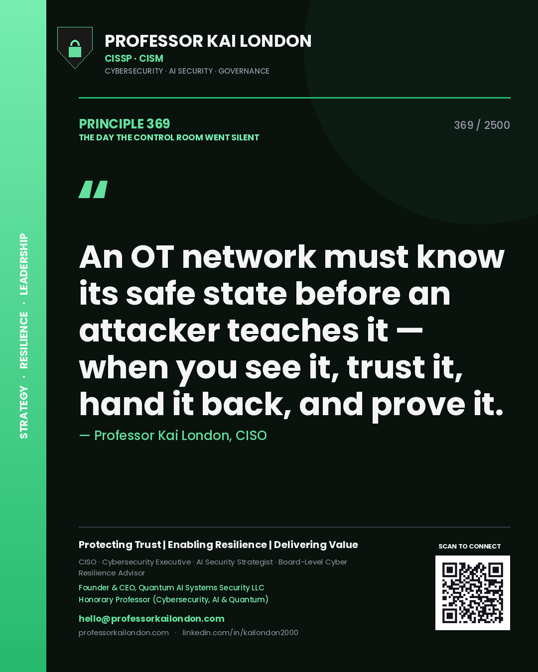 Professor Kai London principle 369: An OT network must know its safe state before an attacker teaches it — when you see it, trust it, hand it back, and prove it.