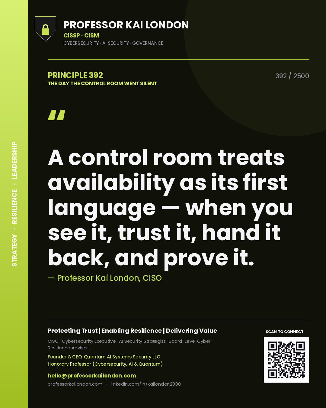 Professor Kai London principle 392: A control room treats availability as its first language — when you see it, trust it, hand it back, and prove it.