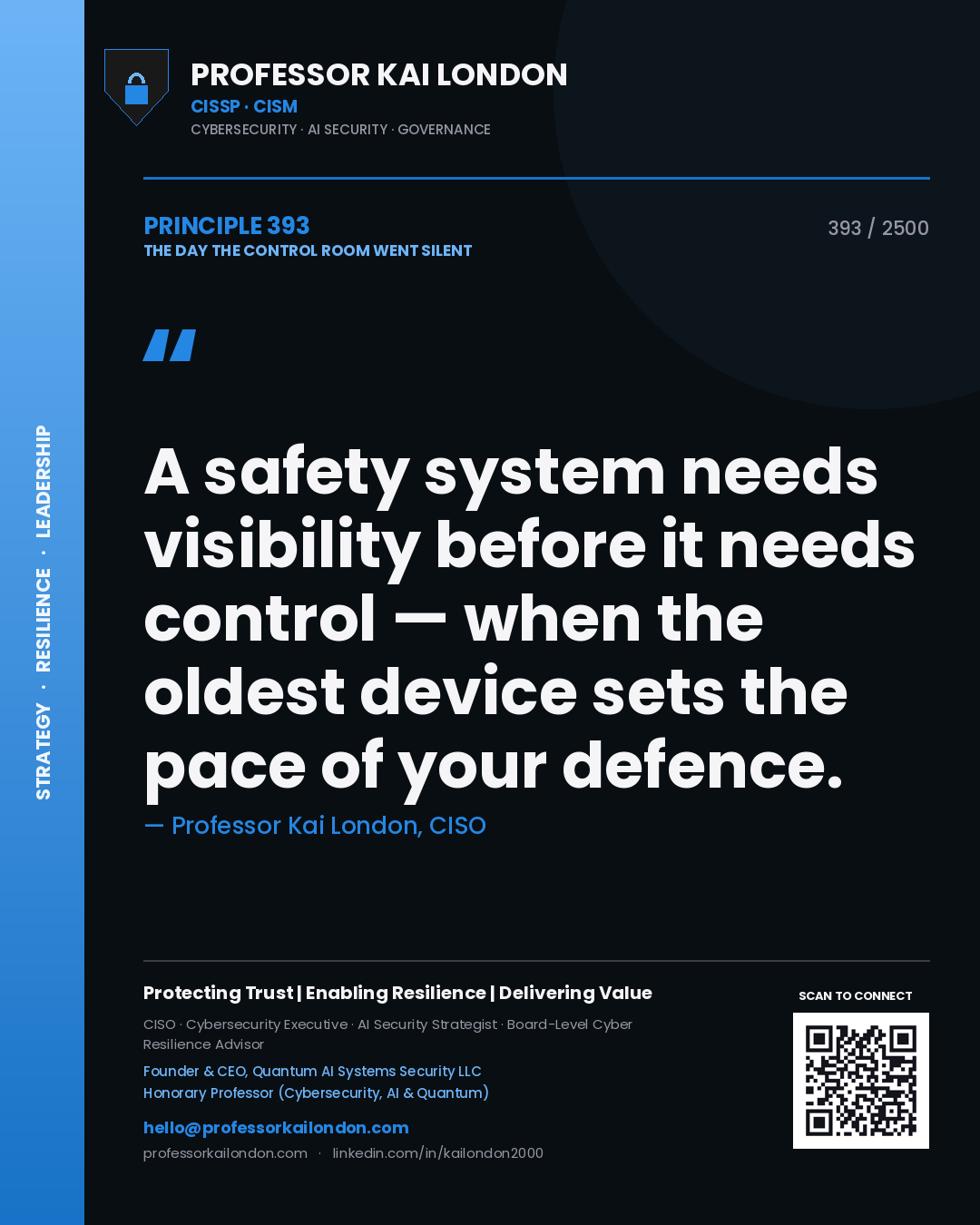 Professor Kai London principle 393: A safety system needs visibility before it needs control — when the oldest device sets the pace of your defence.