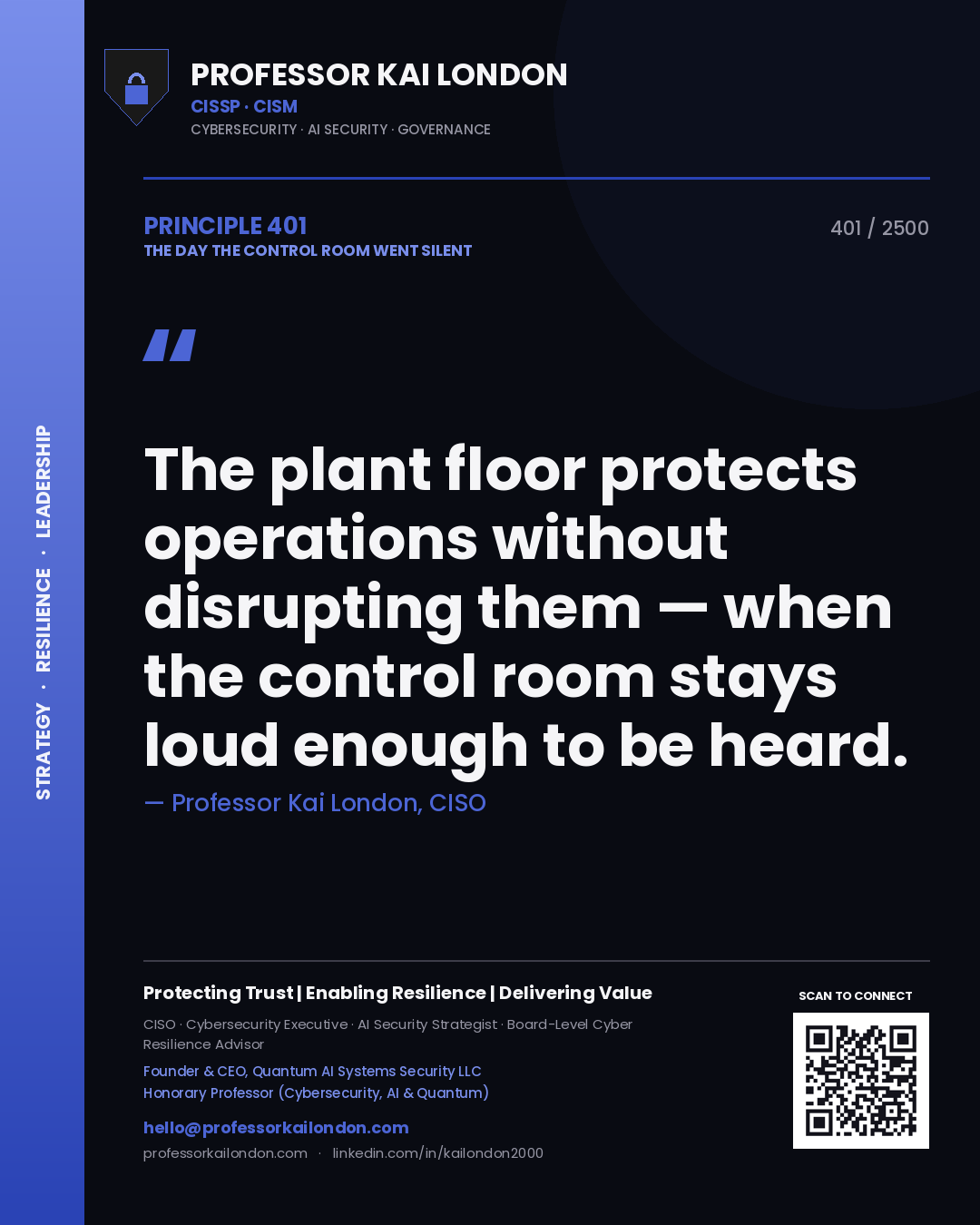 Professor Kai London principle 401: The plant floor protects operations without disrupting them — when the control room stays loud enough to be heard.