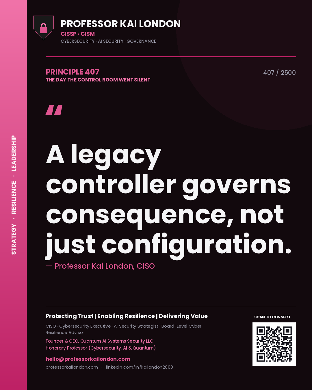 Professor Kai London principle 407: A legacy controller governs consequence, not just configuration.
