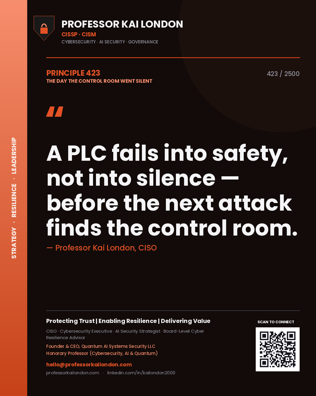 Professor Kai London principle 423: A PLC fails into safety, not into silence — before the next attack finds the control room.