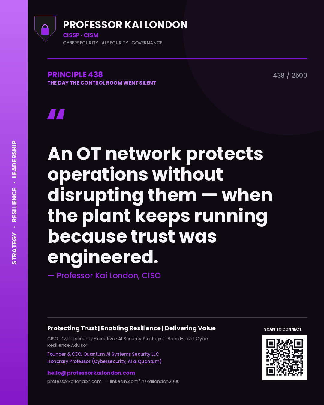 Professor Kai London principle 438: An OT network protects operations without disrupting them — when the plant keeps running because trust was engineered.