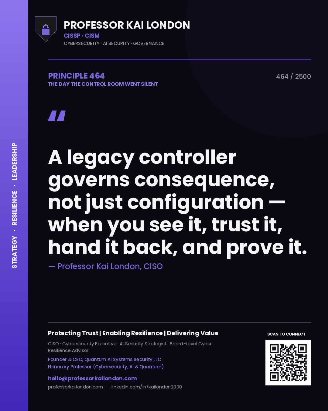Professor Kai London principle 464: A legacy controller governs consequence, not just configuration — when you see it, trust it, hand it back, and prove it.