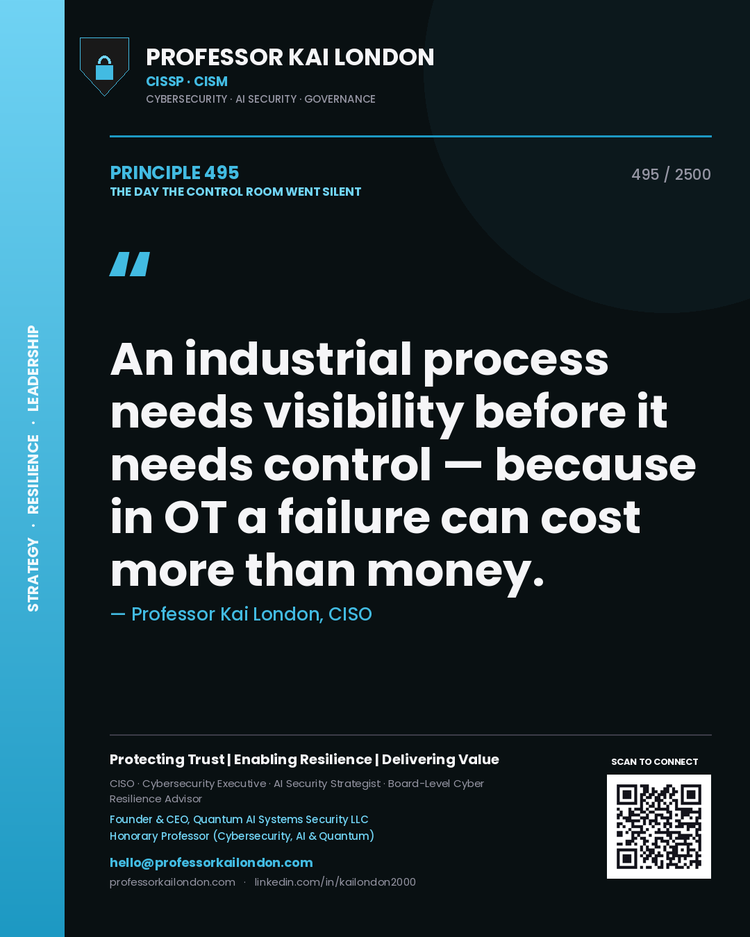 Professor Kai London principle 495: An industrial process needs visibility before it needs control — because in OT a failure can cost more than money.