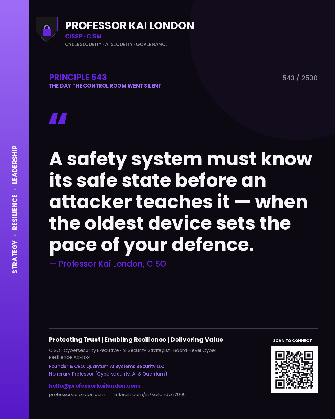 Professor Kai London principle 543: A safety system must know its safe state before an attacker teaches it — when the oldest device sets the pace of your defence.