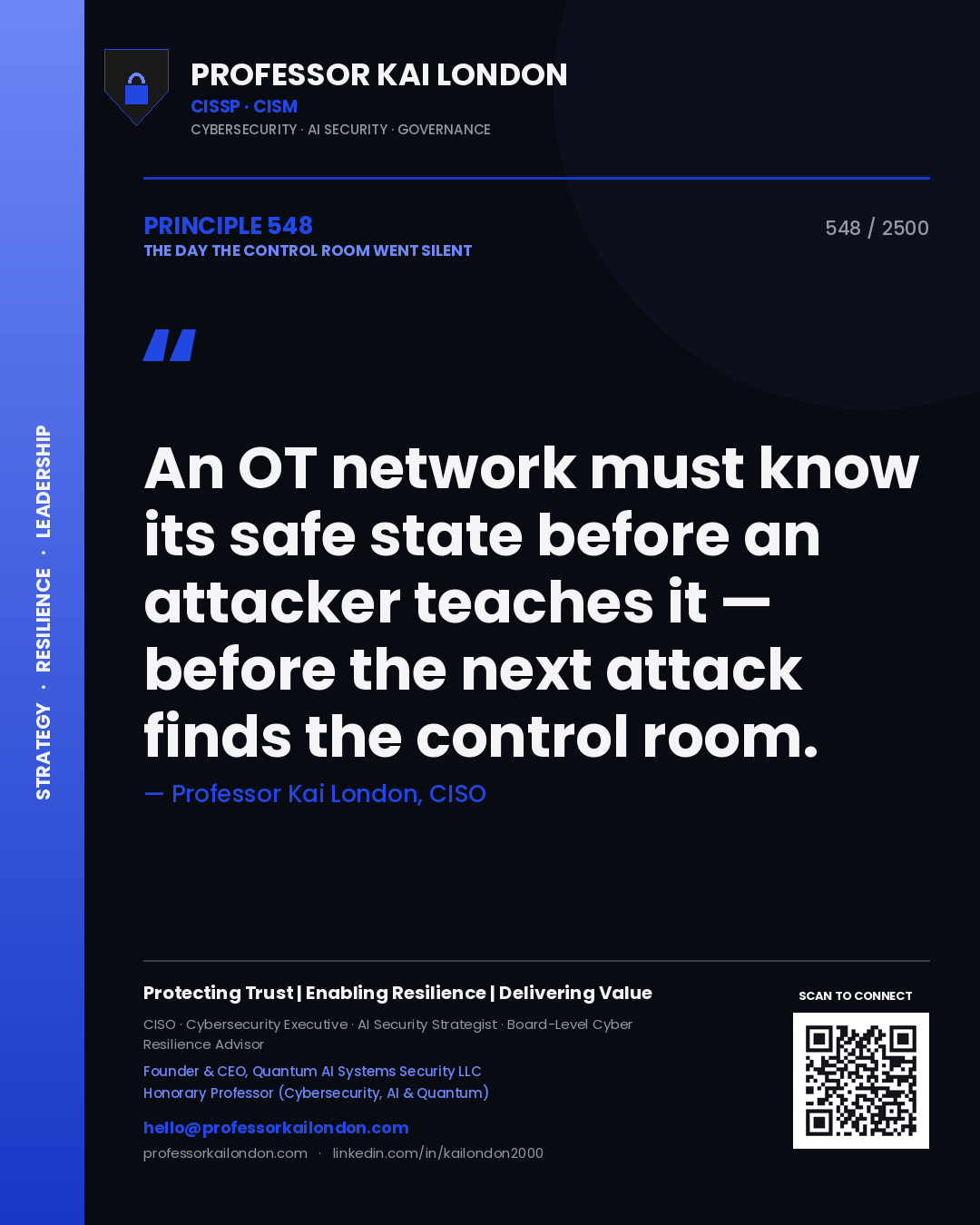 Professor Kai London principle 548: An OT network must know its safe state before an attacker teaches it — before the next attack finds the control room.
