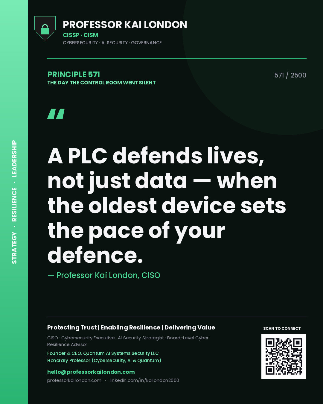 Professor Kai London principle 571: A PLC defends lives, not just data — when the oldest device sets the pace of your defence.