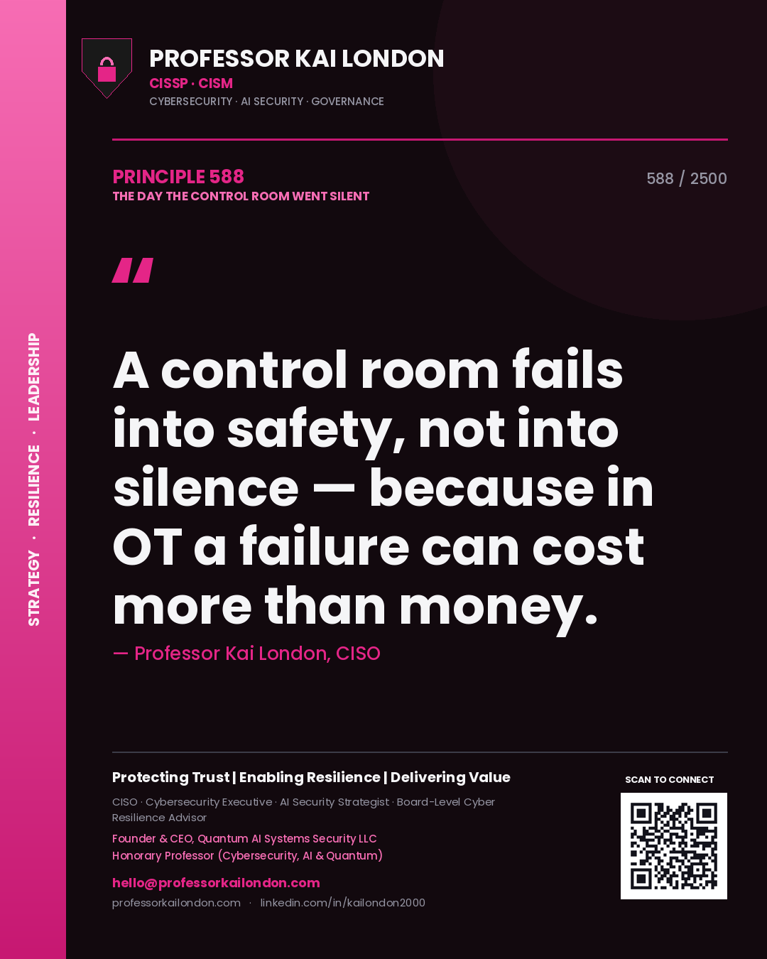 Professor Kai London principle 588: A control room fails into safety, not into silence — because in OT a failure can cost more than money.
