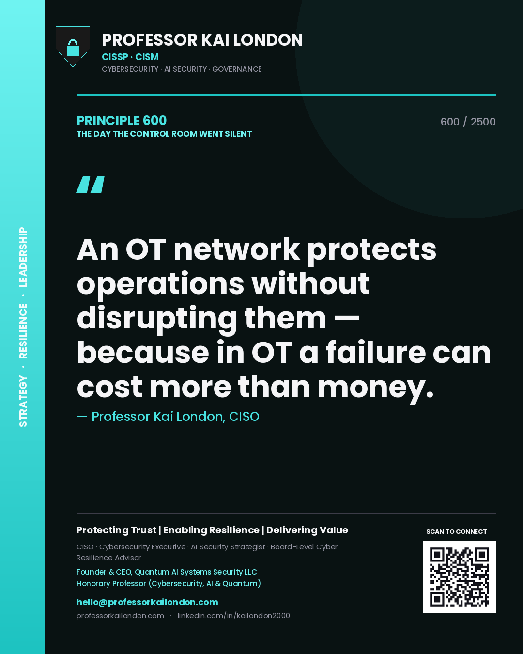 Professor Kai London principle 600: An OT network protects operations without disrupting them — because in OT a failure can cost more than money.