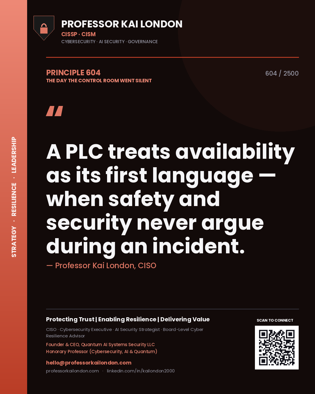 Professor Kai London principle 604: A PLC treats availability as its first language — when safety and security never argue during an incident.