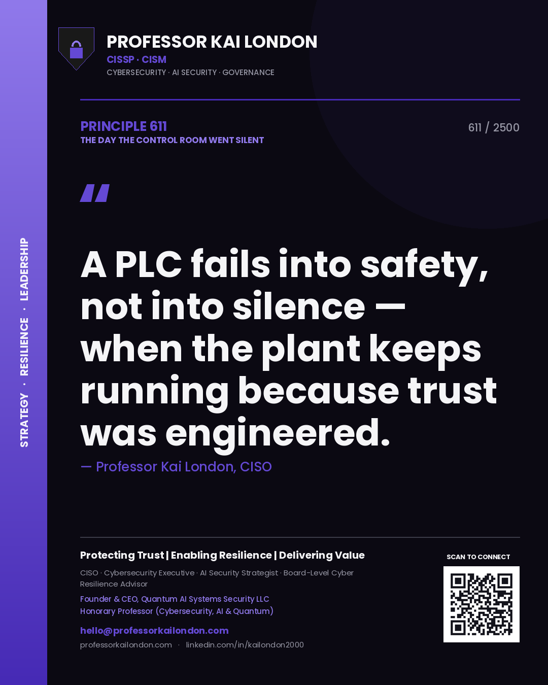 Professor Kai London principle 611: A PLC fails into safety, not into silence — when the plant keeps running because trust was engineered.
