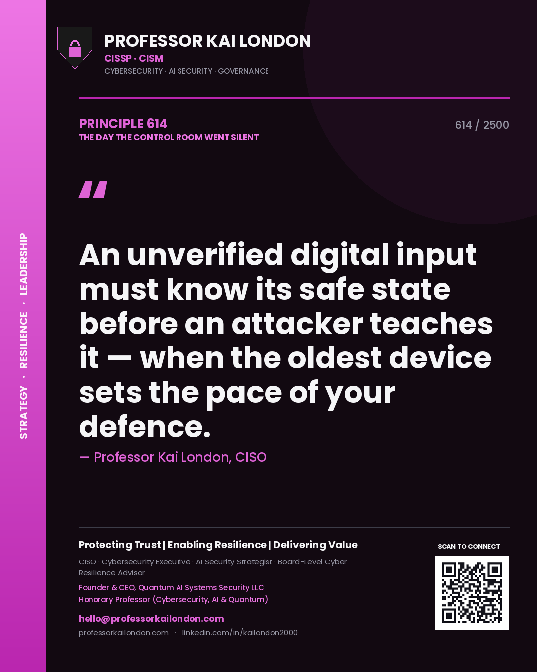 Professor Kai London principle 614: An unverified digital input must know its safe state before an attacker teaches it — when the oldest device sets the pace of your defence.